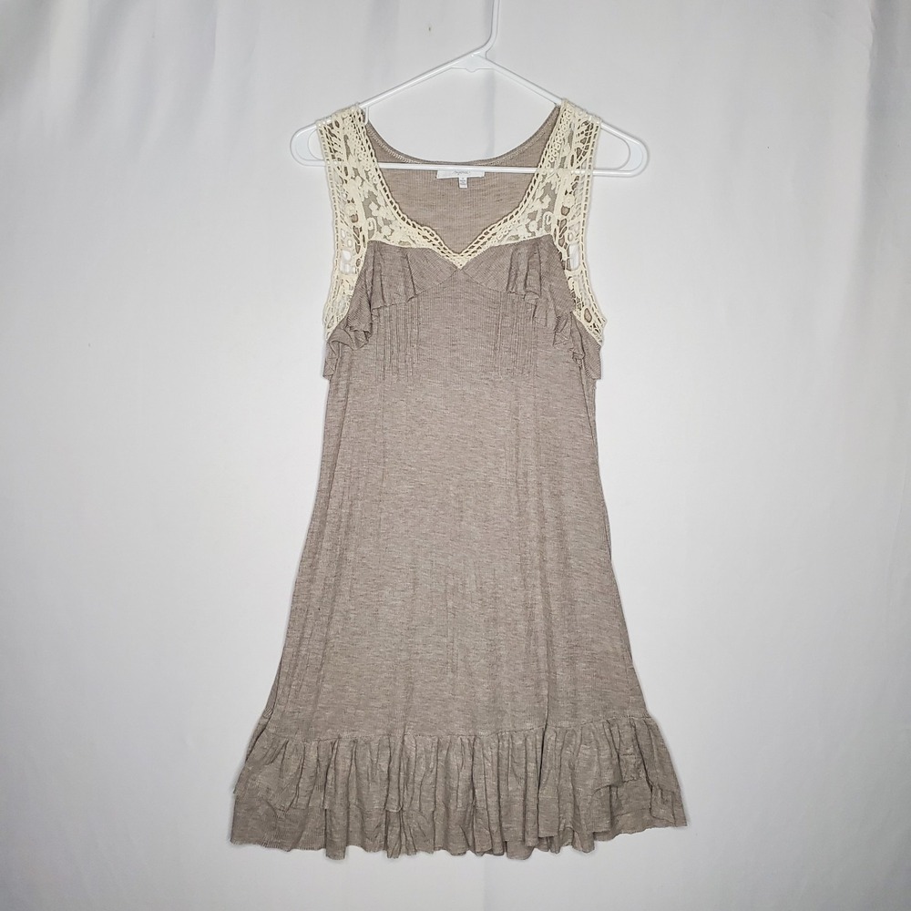 Mystree Dress Small Vtg Y2K Empire Boho Forest Fairy Grunge Lace Ribbed Neutral